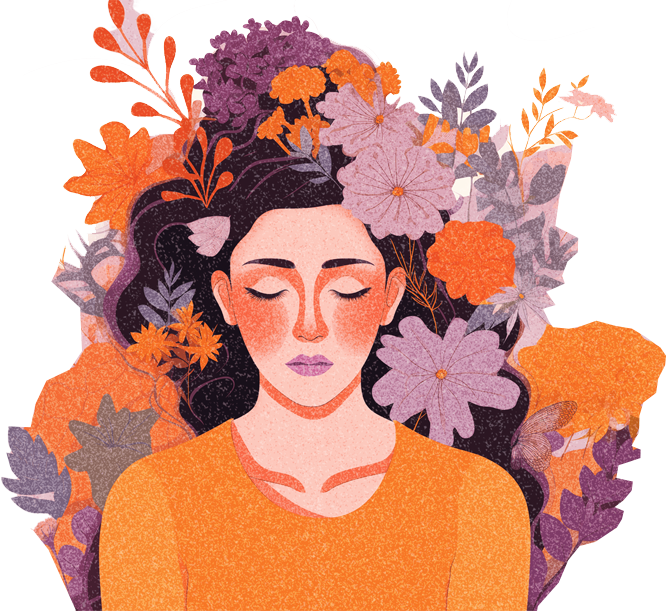 ქალი თავზე ყვავილებით